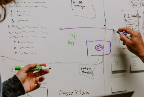 人がホワイトボードに書きながら相談をしている写真